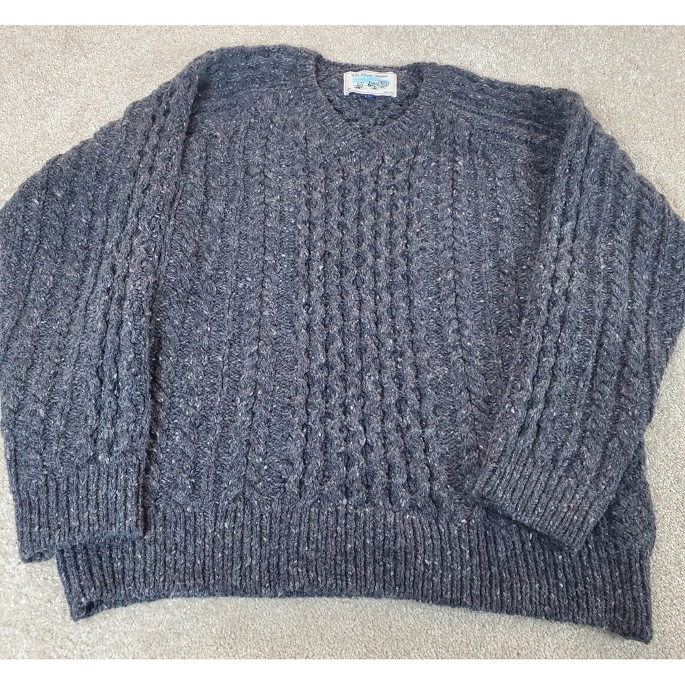 NOAH Wild Atlantic Donegal Wool Cable Knit Sweater Gray Speckle V Neck‎ SZ Large